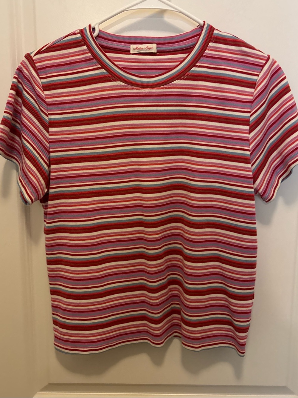 Marine Layer Multi-Stripe Short Sleeve Tee in Red, Pink, White (Mislabeled)